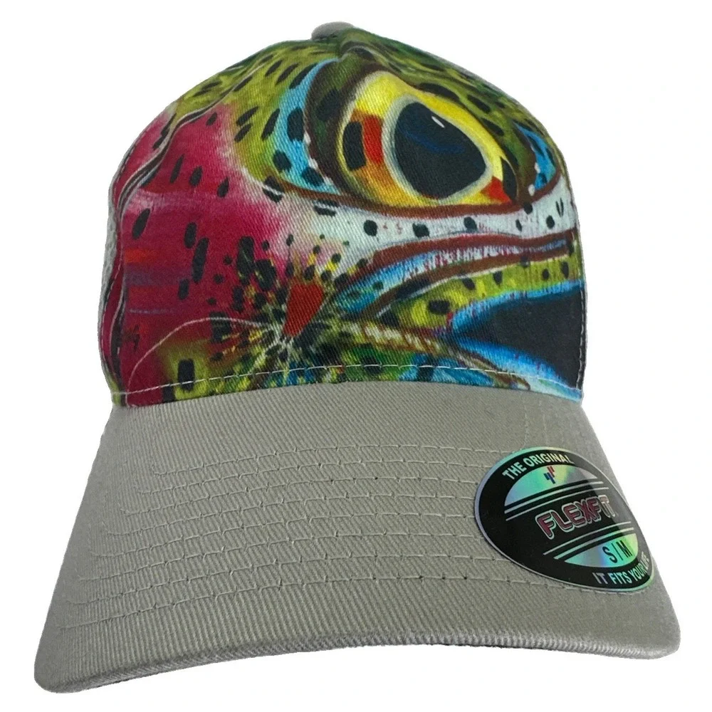Simms Fishing DeYoung Rainbow Trout Flexfit Trucker Hat S/M Gray NWT